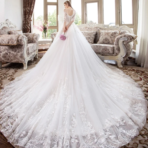 Modern / Fashion White Corset Wedding Dresses 2018 A-Line / Princess Appliques Lace Scoop Neck Backless 1/2 Sleeves Cathedral Train