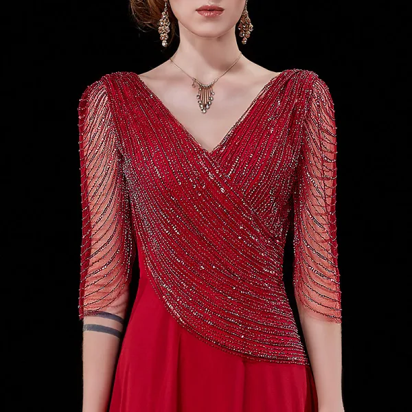 Luxury / Gorgeous Burgundy Handmade Beading Evening Dresses 2019 A-Line / Princess Sequins V-Neck Backless 3/4 Sleeve Floor-Length / Long Formal Dresses