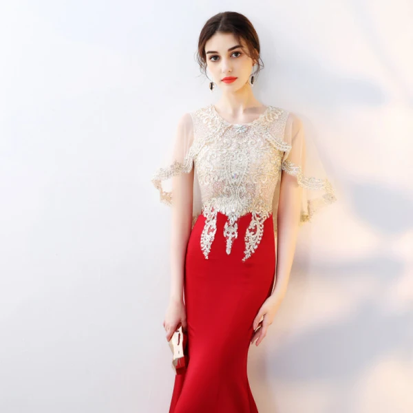 Chic / Beautiful Red With Shawl Evening Dresses 2019 Trumpet / Mermaid Beading Rhinestone Lace Flower Scoop Neck Sleeveless Ankle Length Formal Dresses