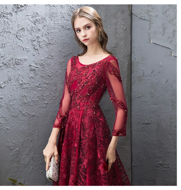 Luxury / Gorgeous Burgundy Evening Dresses  2019 A-Line / Princess Lace Beading Crystal Sequins Scoop Neck Backless 3/4 Sleeve Court Train Formal Dresses
