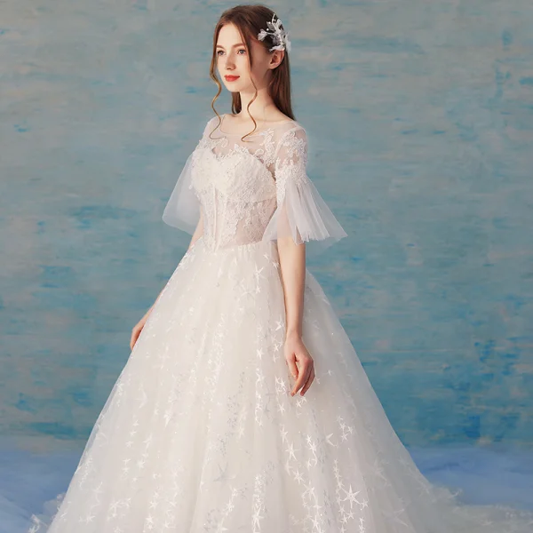 Chic / Beautiful Ivory Wedding Dresses 2018 A-Line / Princess Star Tulle Lace Flower Scoop Neck Backless 1/2 Sleeves Chapel Train Wedding