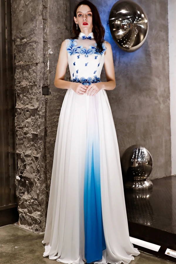 Chinese style Ivory Evening Dresses 2019 A-Line / Princess Organza Appliques Lace Rhinestone High Neck Sleeveless Floor-Length / Long Formal Dresses