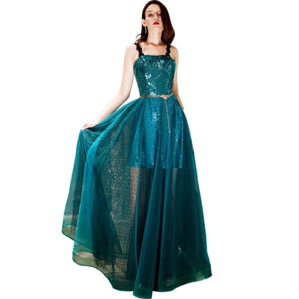 Charmant Bleu D'encre Robe De Soirée 2019 Princesse Tachetée Métal Ceinture Paillettes En Dentelle Bretelles Spaghetti Sans Manches Dos Nu Longue Robe De Ceremonie