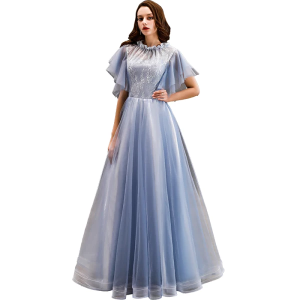 Vintage / Retro Sky Blue Prom Dresses 2019 A-Line / Princess Lace Scoop Neck Backless Short Sleeve Floor-Length / Long Formal Dresses