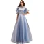 Vintage / Retro Sky Blue Prom Dresses 2019 A-Line / Princess Lace Scoop Neck Backless Short Sleeve Floor-Length / Long Formal Dresses