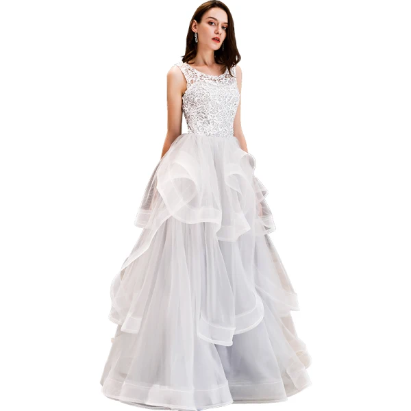 Chic / Beautiful White Prom Dresses 2019 A-Line / Princess Lace Cascading Ruffles Scoop Neck Backless Sleeveless Floor-Length / Long Formal Dresses