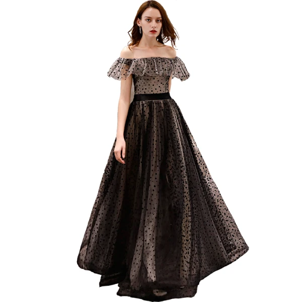 Elegant Black Spotted Prom Dresses 2019 A-Line / Princess Off-The-Shoulder Short Sleeve Backless Floor-Length / Long Formal Dresses