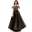 Elegant Black Spotted Prom Dresses 2019 A-Line / Princess Off-The-Shoulder Short Sleeve Backless Floor-Length / Long Formal Dresses