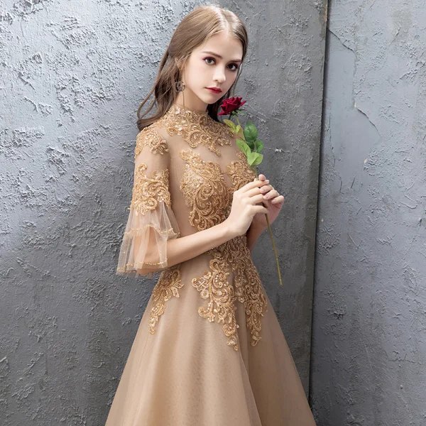 Elegant Gold Evening Dresses 2019 A-Line / Princess Lace Beading Crystal High Neck Backless 1/2 Sleeves Floor-Length / Long Formal Dresses