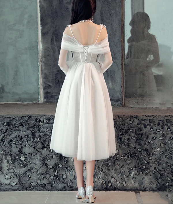 Elegant White Wedding Dresses 2019 A-Line / Princess Lace Spaghetti Straps Backless 3/4 Sleeve Tea-length