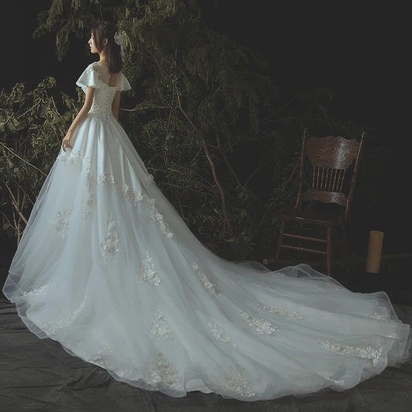 Modern / Fashion Ivory Wedding Dresses 2019 A-Line / Princess Lace Appliques Beading Pearl Sequins Scoop Neck Backless Short Sleeve Royal Train