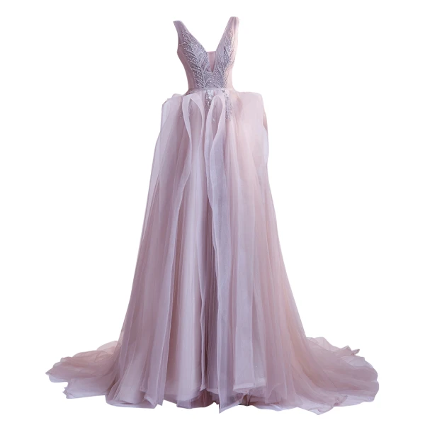 Charmant Perle Rose Robe De Bal 2021 Princesse Col v profond Perlage Paillettes Sans Manches Dos Nu Train De Balayage Robe De Ceremonie