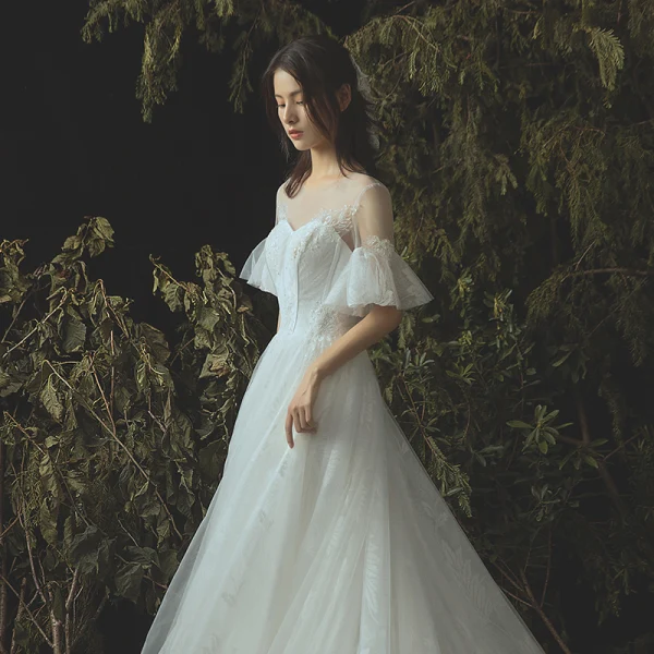 Elegant Ivory Wedding Dresses 2019 A-Line / Princess Lace Pearl Scoop Neck 1/2 Sleeves Cathedral Train