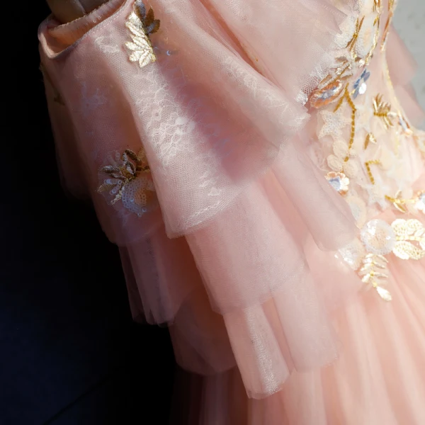 Chic / Beautiful Pearl Pink Prom Dresses 2019 Ball Gown Appliques Lace Off-The-Shoulder 1/2 Sleeves Backless Floor-Length / Long Formal Dresses