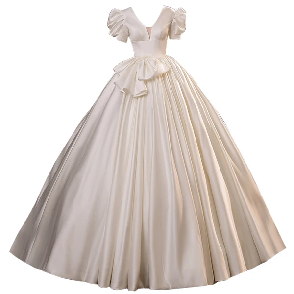 Victorian Style Vintage / Retro Affordable Ivory Ball Gown Wedding Dresses 2021 Deep V-Neck Bow Short Sleeve Backless Floor-Length / Long Wedding