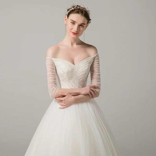 Chic / Beautiful Champagne Wedding Dresses 2018 A-Line / Princess Beading Off-The-Shoulder Backless 3/4 Sleeve Floor-Length / Long Wedding