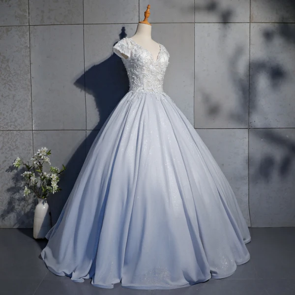 Elegant Silver Prom Dresses 2019 Ball Gown Lace Beading Pearl Sequins V-Neck Backless Short Sleeve Floor-Length / Long Formal Dresses