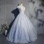 Elegant Silver Prom Dresses 2019 Ball Gown Lace Beading Pearl Sequins V-Neck Backless Short Sleeve Floor-Length / Long Formal Dresses