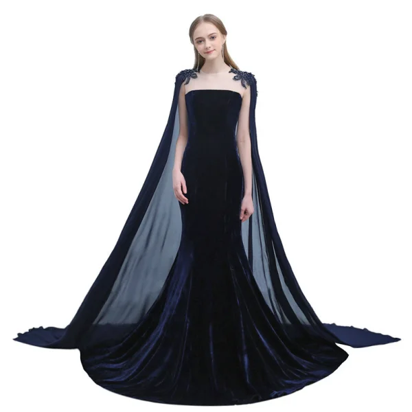 Modern / Fashion Navy Blue Evening Dresses  2019 Trumpet / Mermaid Suede Beading Sequins Scoop Neck Sleeveless Watteau Train Formal Dresses