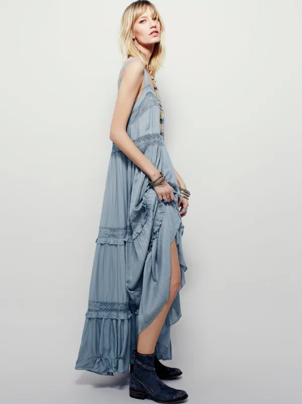 Simple Bleu Ciel Désinvolte Robes longues 2019 Volants Bretelles Spaghetti Sans Manches Dos Nu Longueur Cheville Vêtements Femme