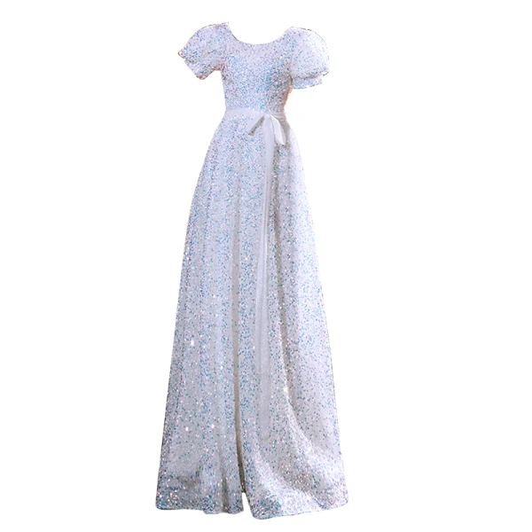 Scintillantes Blanche Robe De Soirée 2021 Princesse Encolure Dégagée Paillettes Manches Courtes Dos Nu Longue Robe De Ceremonie
