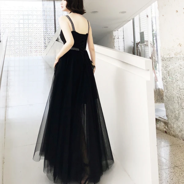 Modern / Fashion Black Evening Dresses 2019 A-Line / Princess Spaghetti Straps Sleeveless Backless Floor-Length / Long Formal Dresses