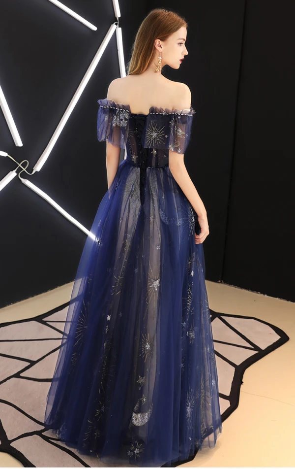 Moderne / Mode Bleu Roi Robe De Soirée 2019 Princesse Perlage Glitter Paillettes De l'épaule Dos Nu Manches Courtes Longue Robe De Ceremonie