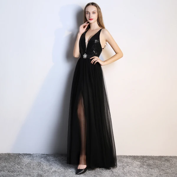 Sexy Black Evening Dresses 2019 A-Line / Princess Rhinestone Sequins V-Neck Sleeveless Plunging Cross-Back Backless Floor-Length / Long Formal Dresses