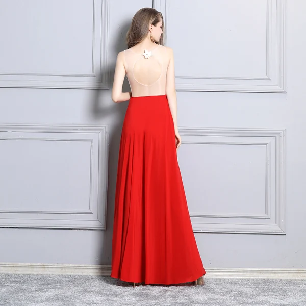 Sexy Rouge Robe De Soirée 2019 Princesse Appliques En Dentelle Faux Diamant V-Cou Sans Manches Dos Nu Fendue devant Longue Robe De Ceremonie