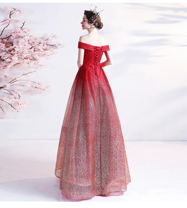 Scintillantes Sexy Dégradé De Couleur Rouge Robe De Bal 2021 Princesse De l'épaule Glitter Paillettes Sans Manches Dos Nu Longue Robe De Ceremonie