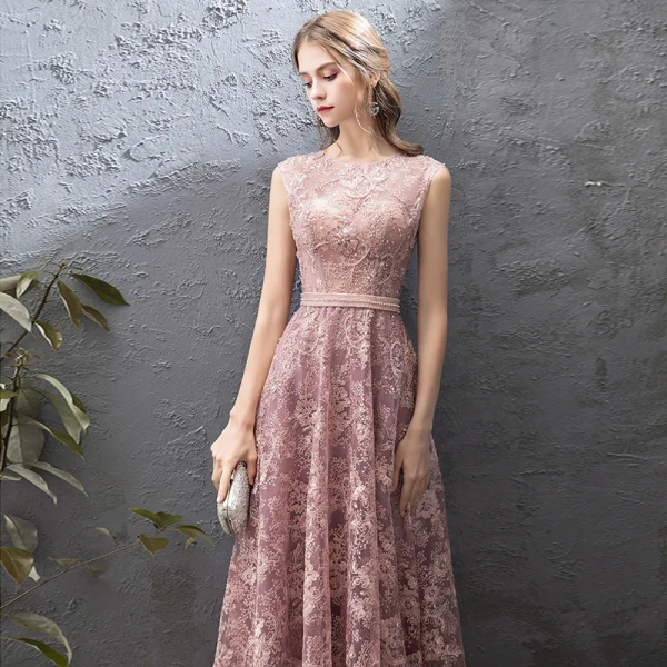 Chic / Beautiful Pearl Pink Evening Dresses  2019 A-Line / Princess Lace Beading Rhinestone Sequins Scoop Neck Sleeveless Floor-Length / Long Formal Dresses