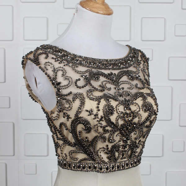 Luxury / Gorgeous Khaki Handmade  Beading Evening Dresses  2019 Trumpet / Mermaid Crystal Rhinestone Scoop Neck Sleeveless Backless Sweep Train Formal Dresses