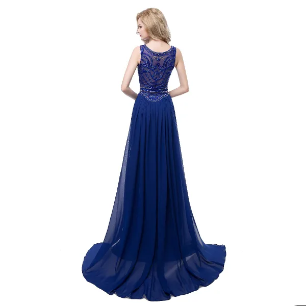 Modern / Fashion Royal Blue Chiffon See-through Evening Dresses 2018 A-Line / Princess Scoop Neck Sleeveless Pearl Rhinestone Beading Sweep Train Ruffle Formal Dresses