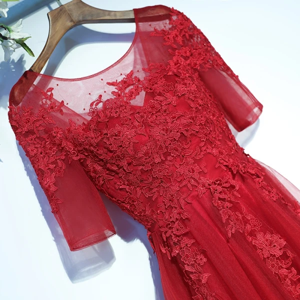 Chic / Beautiful Red Evening Dresses Formal Dresses 2017 Lace Flower Backless 1/2 Sleeves Scoop Neck Floor-Length / Long A-Line / Princess