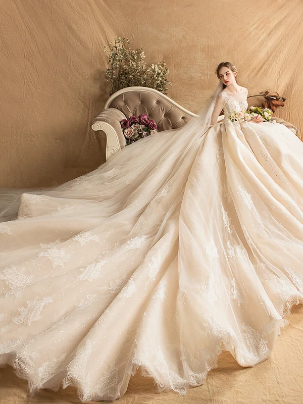 Luxe Champagne Trouwjurken 2019 A lijn Ronde Hals Kralen Parel Rhinestone Kant Bloem Lange Mouwen Ruglooze Cathedral Train