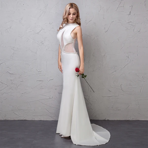 Chic / Beautiful Ivory Evening Dresses  2019 Trumpet / Mermaid See-through Handmade  Beading Tassel Scoop Neck Sleeveless Sweep Train Formal Dresses