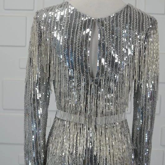 Luxe Scintillantes Argenté Fait main Perlage Robe De Soirée 2019 Trompette / Sirène Cristal Paillettes Gland V-Cou Manches Longues Dos Nu Train De Balayage Robe De Ceremonie