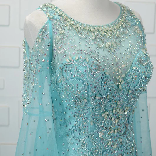 Luxury / Gorgeous Champagne Handmade Beading Evening Dresses 2019 Trumpet / Mermaid Crystal Rhinestone Sequins Scoop Neck Bell sleeves Sweep Train Formal Dresses