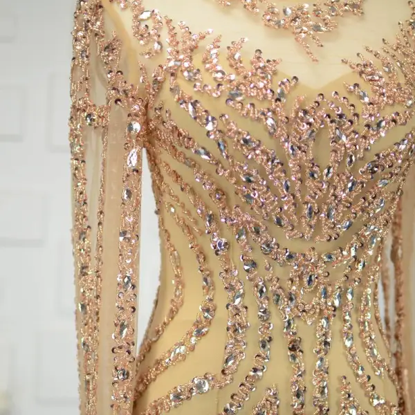 Luxury / Gorgeous Champagne Handmade Beading Evening Dresses 2019 Trumpet / Mermaid Crystal Sequins Scoop Neck Long Sleeve Sweep Train Formal Dresses