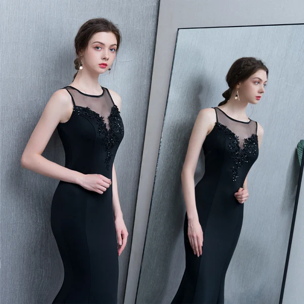 Moderne / Mode Noire Robe De Soirée 2019 Trompette / Sirène En Dentelle Perlage Paillettes Encolure Dégagée Sans Manches Longue Robe De Ceremonie