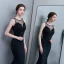 Moderne / Mode Noire Robe De Soirée 2019 Trompette / Sirène En Dentelle Perlage Paillettes Encolure Dégagée Sans Manches Longue Robe De Ceremonie