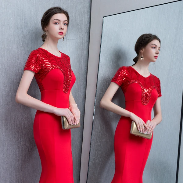 Chic / Belle Rouge Robe De Soirée 2019 Trompette / Sirène Cristal Paillettes Encolure Dégagée Longue Manches Courtes Robe De Ceremonie