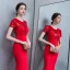 Chic / Belle Rouge Robe De Soirée 2019 Trompette / Sirène Cristal Paillettes Encolure Dégagée Longue Manches Courtes Robe De Ceremonie