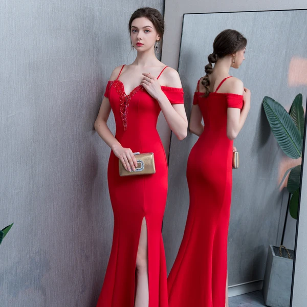 Chic / Belle Rouge Robe De Soirée 2019 Trompette / Sirène Perlage Gland Fendue devant Bretelles Spaghetti Dos Nu Manches Courtes Longue Robe De Ceremonie