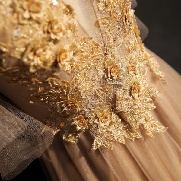 Elegant Champagne Prom Dresses 2019 A-Line / Princess Lace Appliques Beading Crystal V-Neck Short Sleeve Backless Floor-Length / Long Formal Dresses