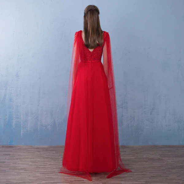 Abordable Rouge Robe De Bal 2019 Princesse Perlage Noeud V-Cou Sans Manches Dos Nu Longue Robe De Ceremonie