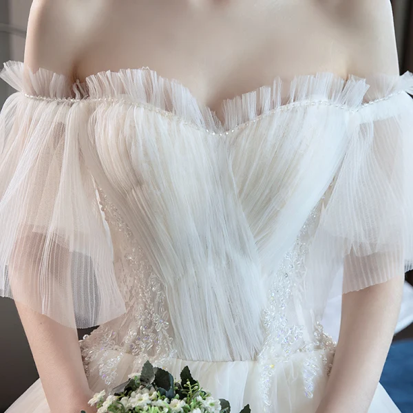 Elegant Ivory Wedding Dresses 2019 A-Line / Princess Pleated Lace Beading Crystal Off-The-Shoulder Short Sleeve Backless Court Train