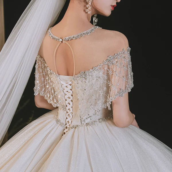 Luxury / Gorgeous Sexy White Wedding Dresses 2021 Ball Gown Scoop Neck Beading Rhinestone Short Sleeve Backless Royal Train Wedding