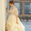 Vintage / Originale Champagne Robe De Mariée 2018 Princesse Dos Nu En Dentelle Fleur Volants en Cascade Col Haut 3/4 Manches Cathedral Train Mariage
