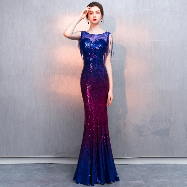 Charmant Rougissant Rose Robe De Soirée 2019 Trompette / Sirène Perlage Gland Encolure Dégagée Sans Manches Longue Robe De Ceremonie